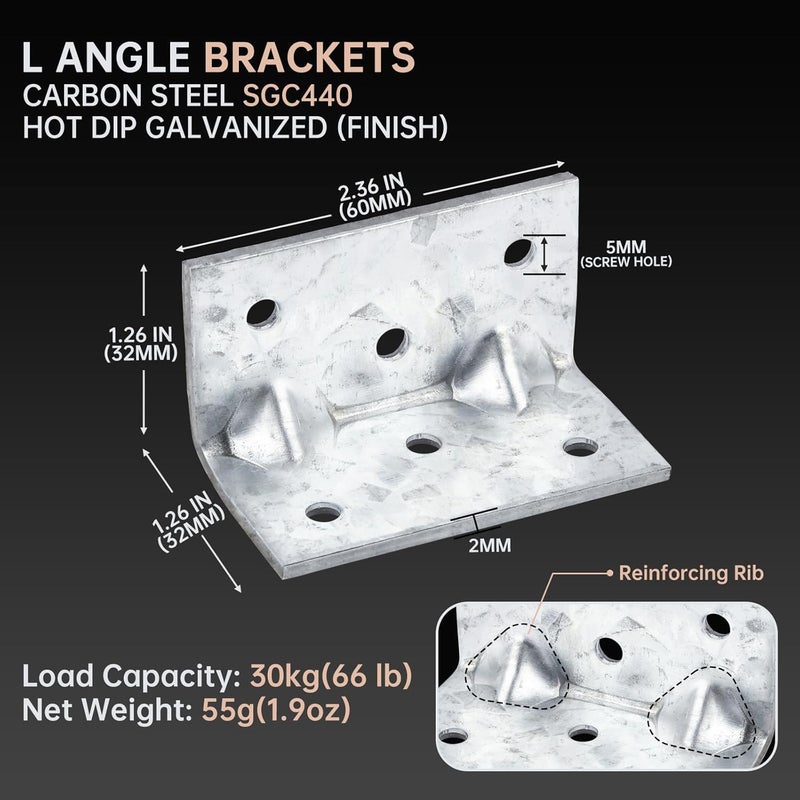 MOZCORN 20 Pcs Corner Brace for Wood Small Angle Brackets Versatile L Brackets with Reinforing Ribs,Anti-Rust and Reinforcing,2MM Thickness,2.36x1.26x1.26in - Image 2